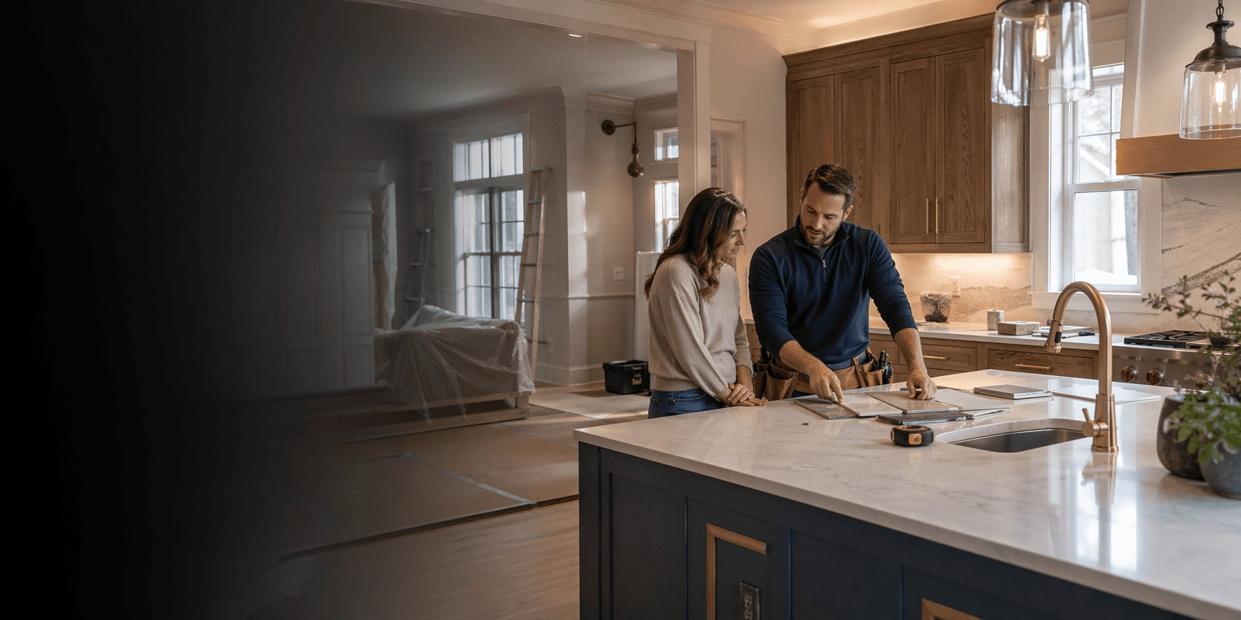 HomeCorp contractor reviewing kitchen remodel details with a homeowner